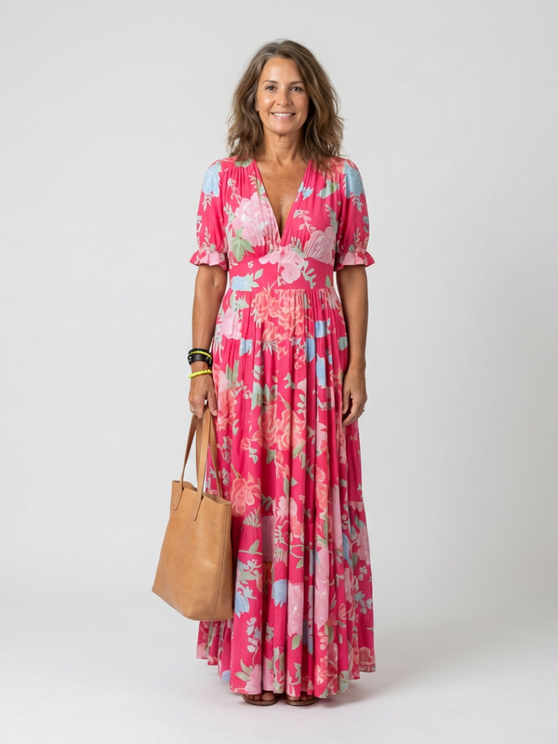 Elegante Kleider Damen | Midi-Kleid mit V-Ausschnitt & Blumenmuster | Perfekt für Hochzeitsgast und Sommerveranstaltungen 0