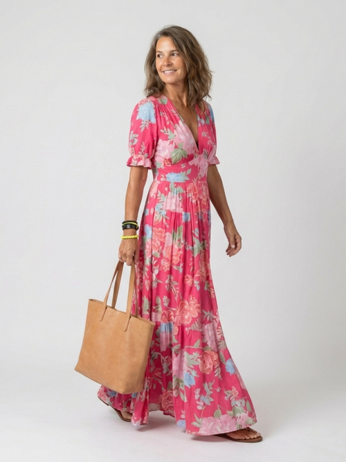 Elegante Kleider Damen | Midi-Kleid mit V-Ausschnitt & Blumenmuster | Perfekt für Hochzeitsgast und Sommerveranstaltungen 1