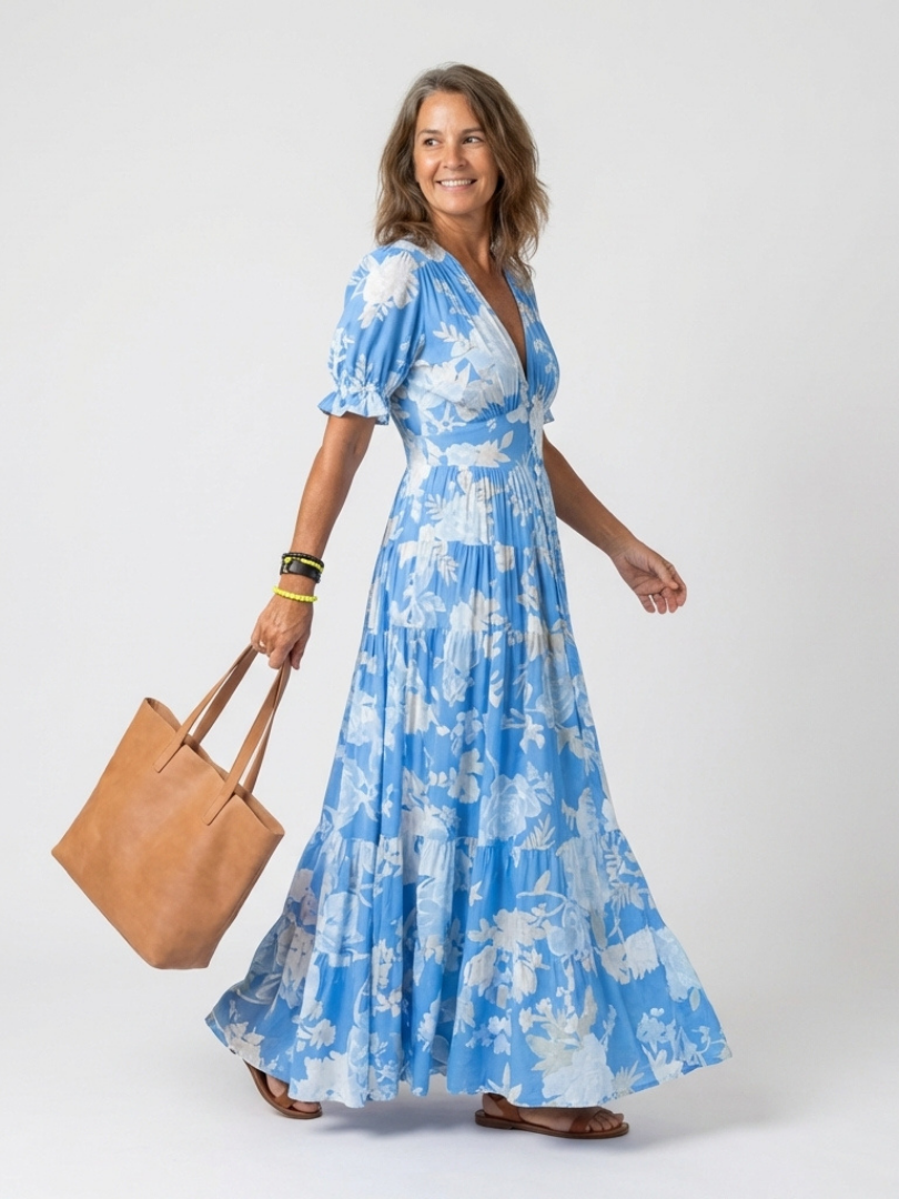 Elegante Kleider Damen | Midi-Kleid mit V-Ausschnitt & Blumenmuster | Perfekt für Hochzeitsgast und Sommerveranstaltungen 3