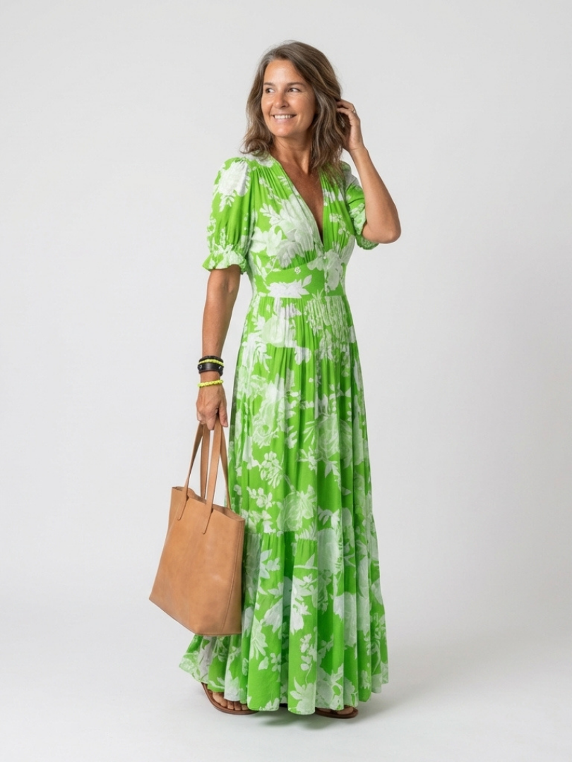 Elegante Kleider Damen | Midi-Kleid mit V-Ausschnitt & Blumenmuster | Perfekt für Hochzeitsgast und Sommerveranstaltungen 4