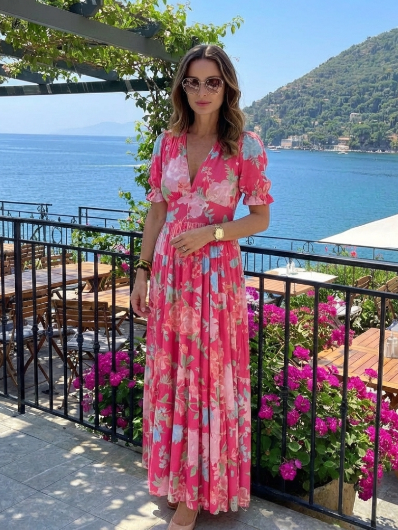 Elegante Kleider Damen | Midi-Kleid mit V-Ausschnitt & Blumenmuster | Perfekt für Hochzeitsgast und Sommerveranstaltungen 5