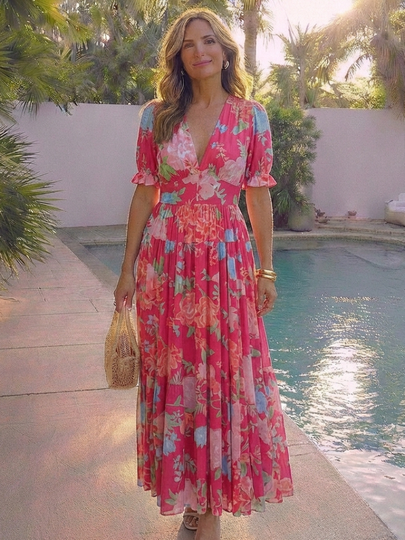 Elegante Kleider Damen | Midi-Kleid mit V-Ausschnitt & Blumenmuster | Perfekt für Hochzeitsgast und Sommerveranstaltungen 6