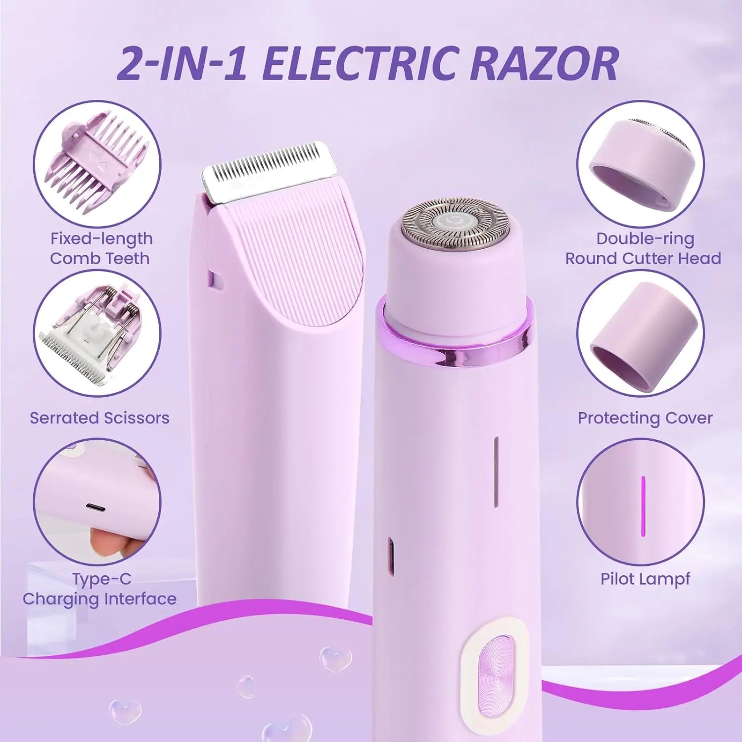 Hautfreundlicher Rasierer für Damen | 2-in-1 Elektrorasierer mit IPX7 Wasserdichtigkeit | Sanfte Haarentfernung für Beine und Bikinizonen