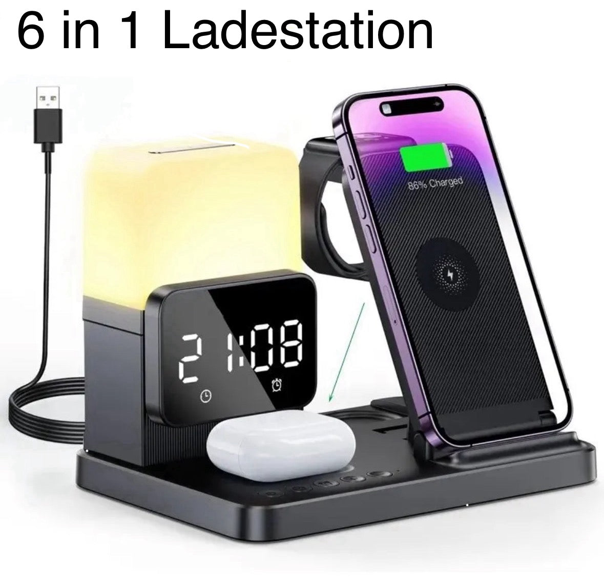 Multifunktionale 6 in 1 Ladestation mit Wireless Charging und integrierter Lampe für schnelles Laden 1