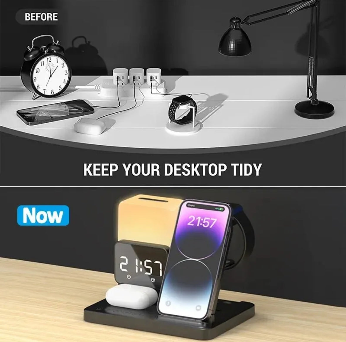 Multifunktionale 6 in 1 Ladestation mit Wireless Charging und integrierter Lampe für schnelles Laden 2