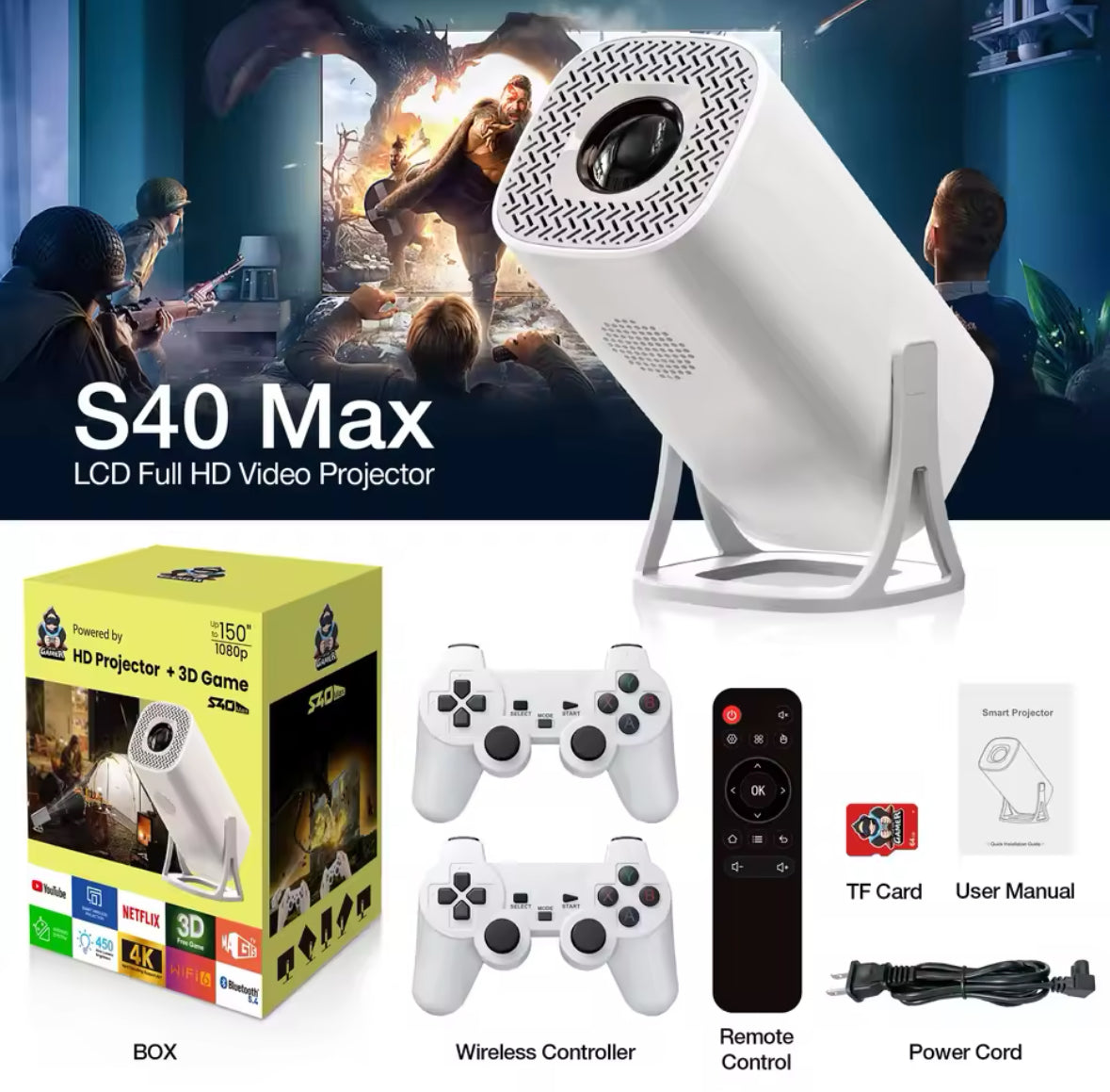 Retro Gaming Projektor | 2-in-1 HD Beamer mit 1080P Auflösung | Perfekte Bildqualität für Streaming und Gaming 1