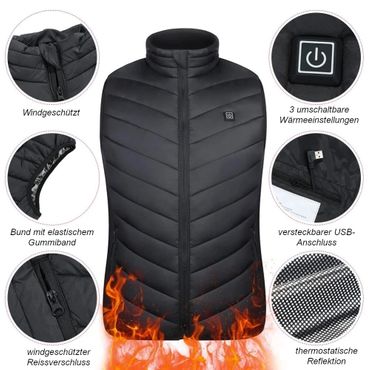 Beheizbare Wärme Weste | Beheizbare Unisex Jacke mit 8 Heizzonen | Wasserfest und Waschbar für Winterkomfort